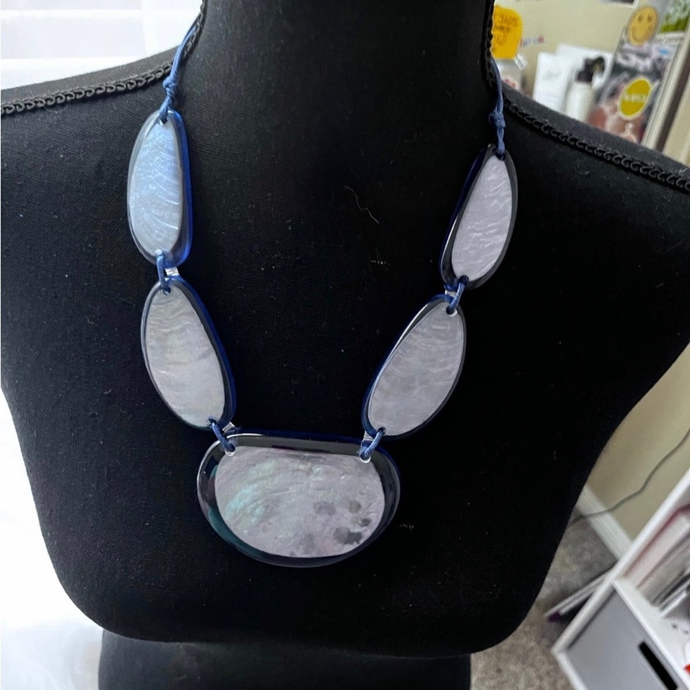 Macy’s, blue, faux glass statement necklace.